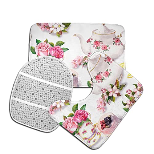 DIRYKILP Badematte + Konturmatte + Toilettendeckelbezug, Kuchen und Teekanne Floral 3 Stück Badematte Set, mit rutschfester Klebeunterseite – Bild 5