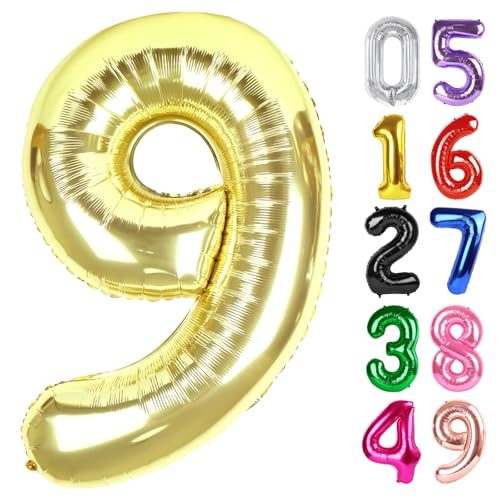 Image of Light Gold Number 9 Balloon 40 Inch, 9th Birthday Party Decorations, Giant 9 Foil Balloon for Party Supplies