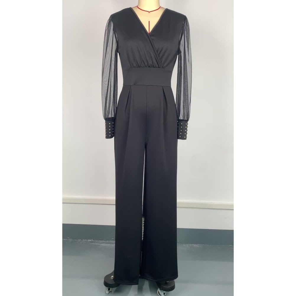 Femmes Sexy Élégant Col V Maille Rivets À Manches Longues Pantalon Droit Combinaison De Fête D'affaires