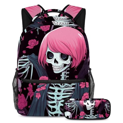Cartable crâne floral rose grand sac à dos scolaire filles et garçons