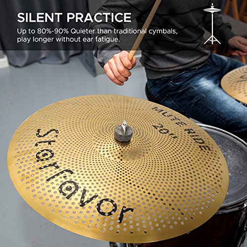 Starfavor Low Volume Cymbal Pack Mute Cymbal Set With Cymbal Mute Pads, 14"Hi-Hat/16"Crash/18"Crash/20"Ride Practice Cymbals For Drummers, With Cymbals Bag, Golden, Mc-520G #TOP2