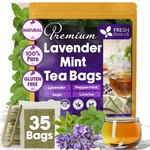 Image of FreshDrinkUS, Premium 35 Bags Lavender Mint Tea, 100% Natural. Made with Eco-Conscious Tea Bags. No Sugar, No Caffeine, Vegan.