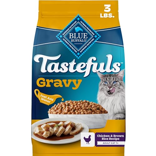 Blue Buffalo Tastefuls Irresistible Gravy Experience Chicken & Brown Rice Recipe Adult Cat 7+ Soft Dry Indoor Cat Food Deliciously Healthy Natural Cat Food Supports Digestion & Coat Health 3 lbs.