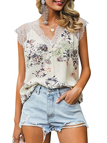 Glamaker Women's Casual Loose V Neck Floral Cotton Lace Trim Tank Top Sleeveless Blouse Beige Medium