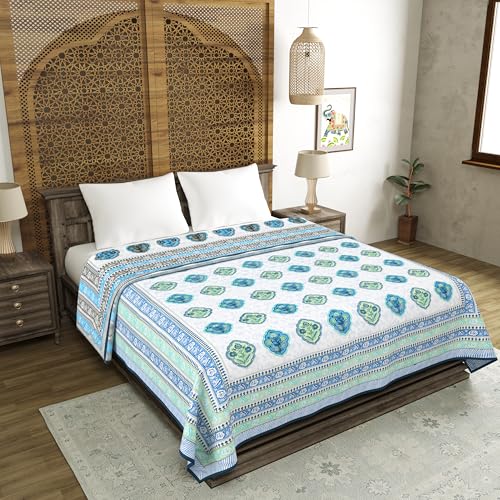 Image of BLOCKS OF INDIA 100% Cotton Dohar King Size Reversible Hand Block Printed Malmal Summer Dohar /Blanket (Blue Rose)-300 TC