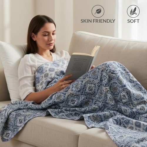 Image of HOMEMONDE 100% Cotton Reversible Dohar Double Bed Size | AC Blanket Comforter | Soft Lightweight Bed Blanket Quilt (84 x 94 Inch, Blue & White, Pack of 1)