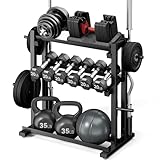 3-Tier Heavy-Duty Dumbbell and Plate Rack 1200LB Capacity, Adjustable Weight Storage Stand for Dumbbells, Kettlebells, Barbells & Weight Plates, Compact Multifunctional Organizer for Home Gym