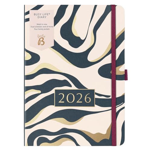 Busy B A5 2026 Diary - Busy Life Weekly Planner Journal â€“ Life Diary for Students, Teachers, & Work with Dual Schedules, Year Calendar, Pen Loop, Pockets & Elastic Closure - Fabric Charcoal Marble