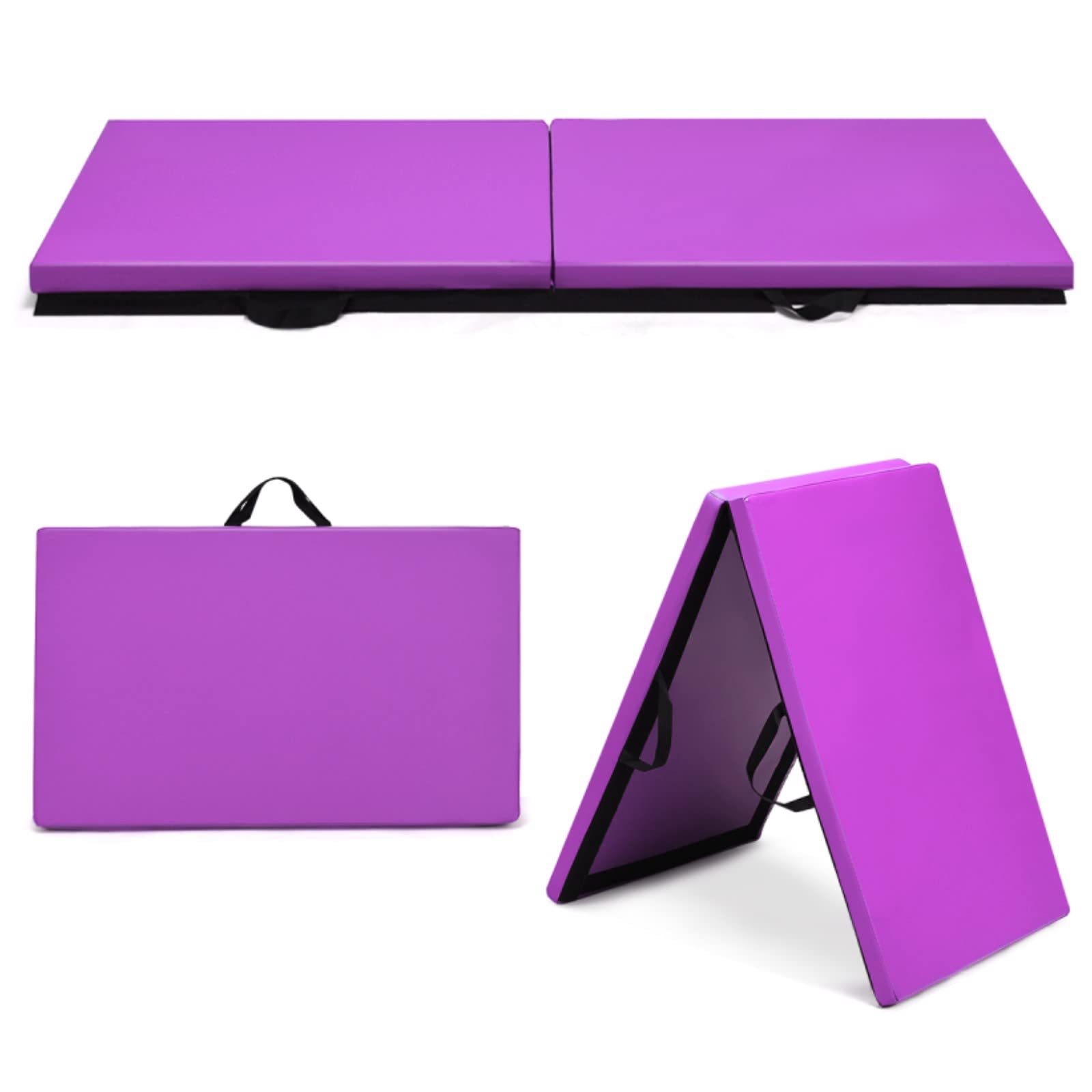 GYMAX Esterilla de Entrenamiento Plegable, 180 x 60 x 4 cm, con Asa, Esterilla de Fitness, Alfombrilla de Suelo Blando con Superficie de Poliuretano y Espuma, para Gimnasia, Yoga y Pilates (Púrpura)