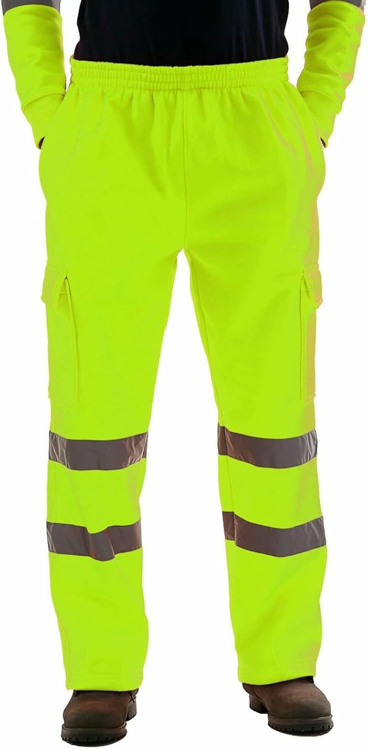 Men's Reflective Hoodie Jacket and Cargo Pants Sets 2 Piece High Visibility Fleece Safety Suits for Road Work