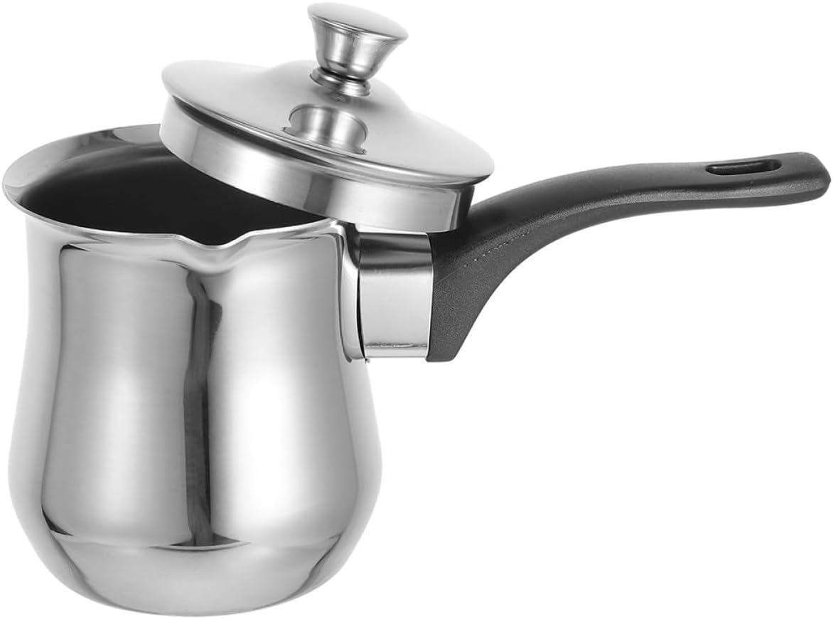 Garneck Stainless Steel Turkish Coffee Pot with Lid Milk Warmer Small Metal Frothing Pitcher Multifunctional Kitchen Tool Ergonomic Design for Coffee Milk and Chocolate