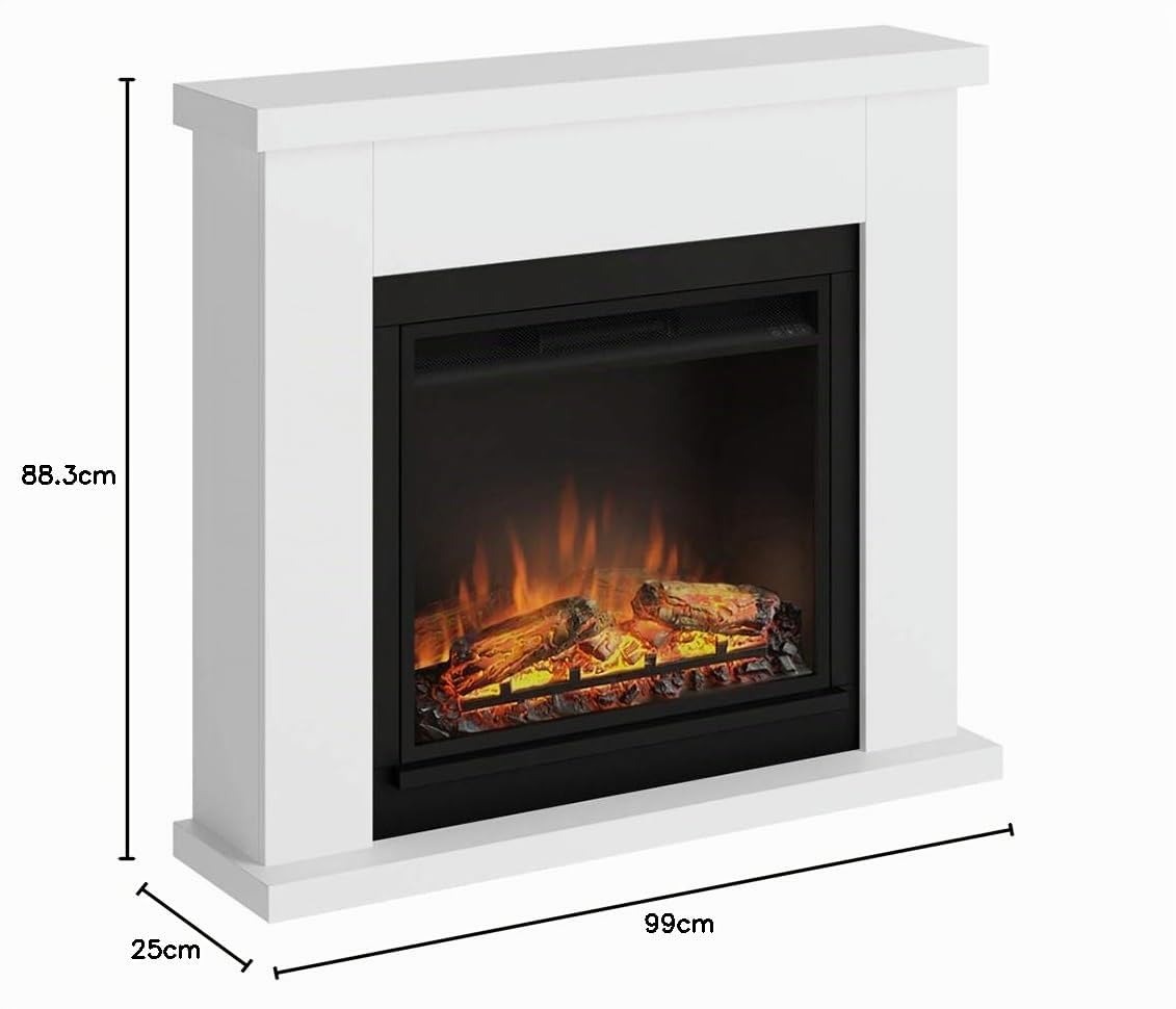 TAGU Frode Camino elettrico con PowerFlame, riscaldamento e termostato, timer 7 giorni, effetto fiamma LED, telecomando (Bianco puro)