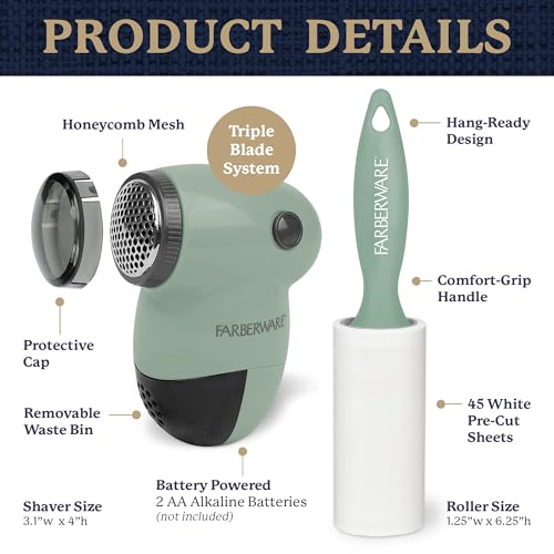 Image of Farberware Fabric Shaver & Lint Roller Set, Small, Portable | Sticky sheets lift pet hair and dust, triple-blade design restores fabrics to like-new condition, for clothing and bedding