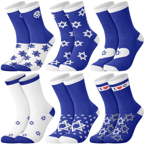 Ramede 6 Pairs Jewish Gifts Judaica Gifts Funny Hanukkah Socks Flag Charms All Countries Souvenir Crew Socks for Jewish Clothing Accessories for Women Men