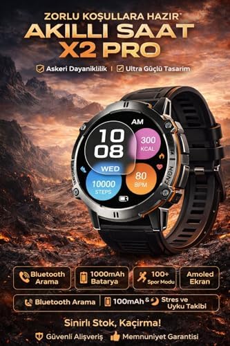 Akıllı Saat X2 Pro – Askeri Dayanıklı Smartwatch, Bluetooth Arama, 100+ Spor Modu, 1000mAh Uzun Pil, Nabız & SpO2 Takibi, Suya Dayanıklı (Android & iOS Uyumlu) (Siyah) - Görsel 2