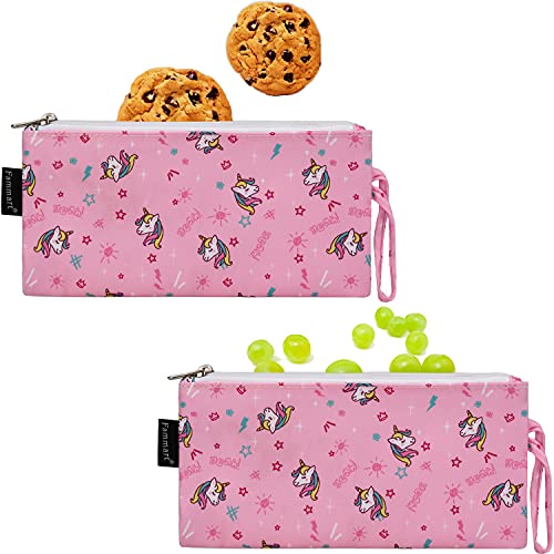 Fammart Reusable Sandwich Bag/Snack Bag for Kids & Adults, Dual Layer Lunch Bag with Handle, Washable, Food Safe, BPA Free (2-Pack, Unicorn)
