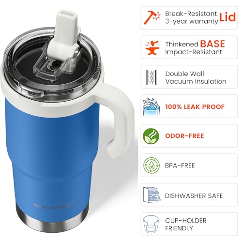 Image of 24oz Hygienic Insulated Tumbler with Handle -100% Leakproof Lid with Removable Spout & Straw, Reinforced Vacuum-Protection Base, Cup Holder Friendly, for Travel,Office & School-Blue