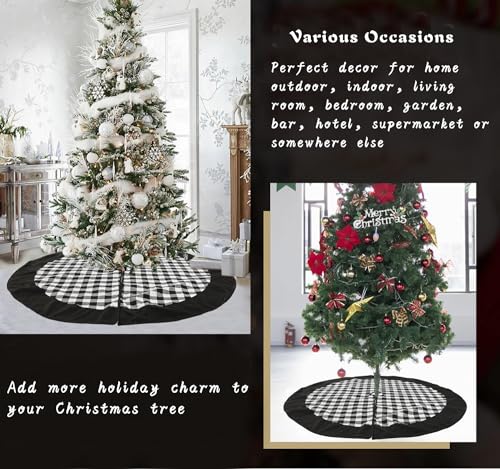 Medoore Black and White Buffalo Plaid Check Christmas Tree Skirt 48 inches, Country Xmas Tree Decorations Tree Skirts Double Layers Holiday Ornaments