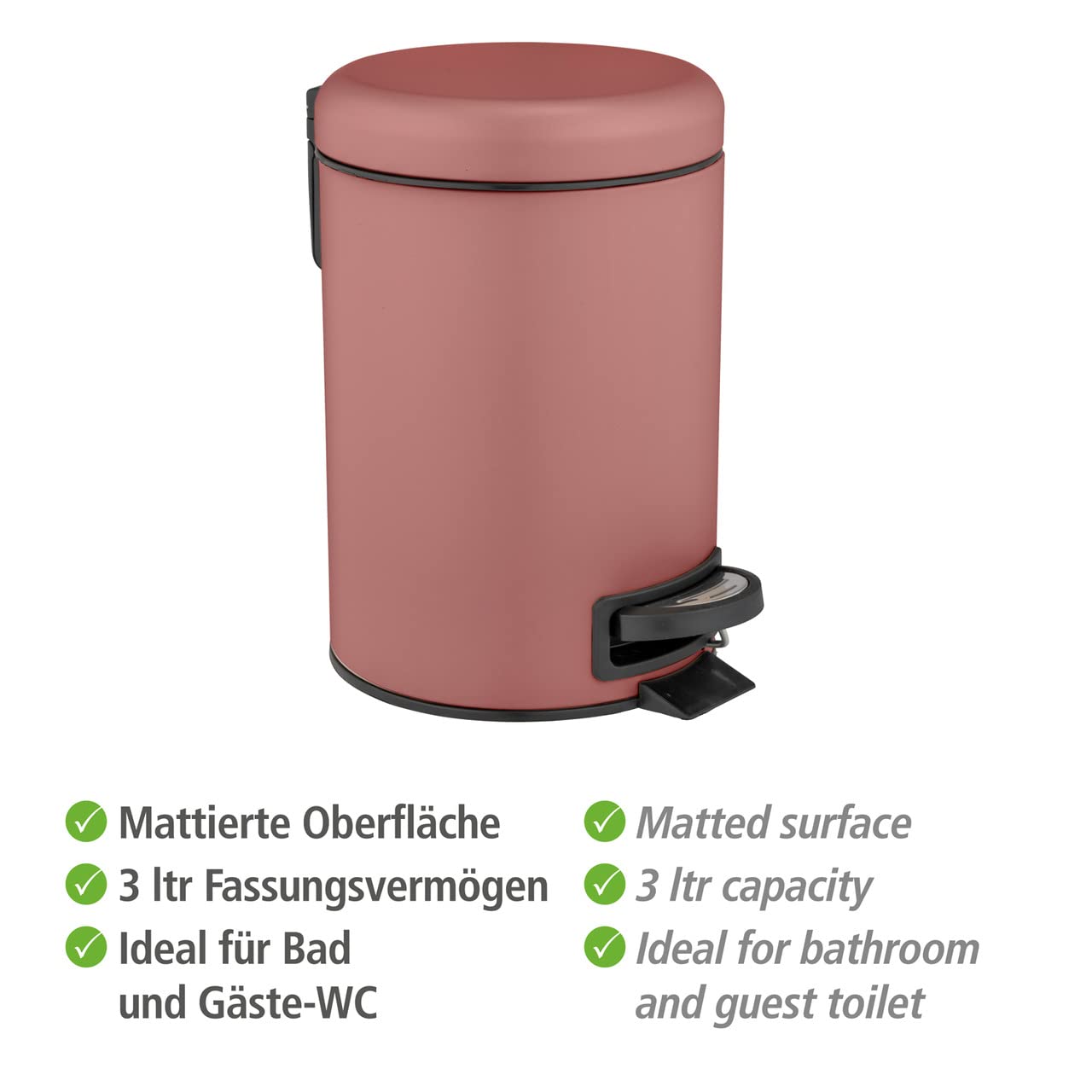 WENKO Leman pedal bin, 3 liters, with removable insert, made of painted steel, 17 x 25 x 22.5 cm, antique pink - Image 3