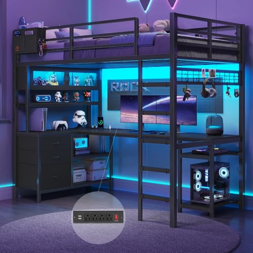 DICTAC Twin Loft Bed with L-Shaped Gaming Desk Led Lights and Charging Station Gaming Loft Bed Twin Size with Bookshelf and Glass Cabinet Metal Loft Beds for Teen with Safety Guardrail and Stair Black