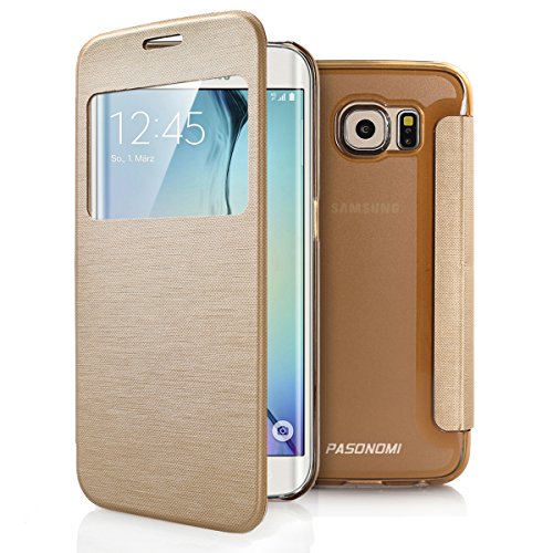 PASONOMI Galaxy S6 Edge Case, [Smart Window View] Samsung Galaxy S6 Edge Folio Wallet Case - Slim Flip Leather Case for Samsung Galaxy S6 Edge Smartphone (Golden)