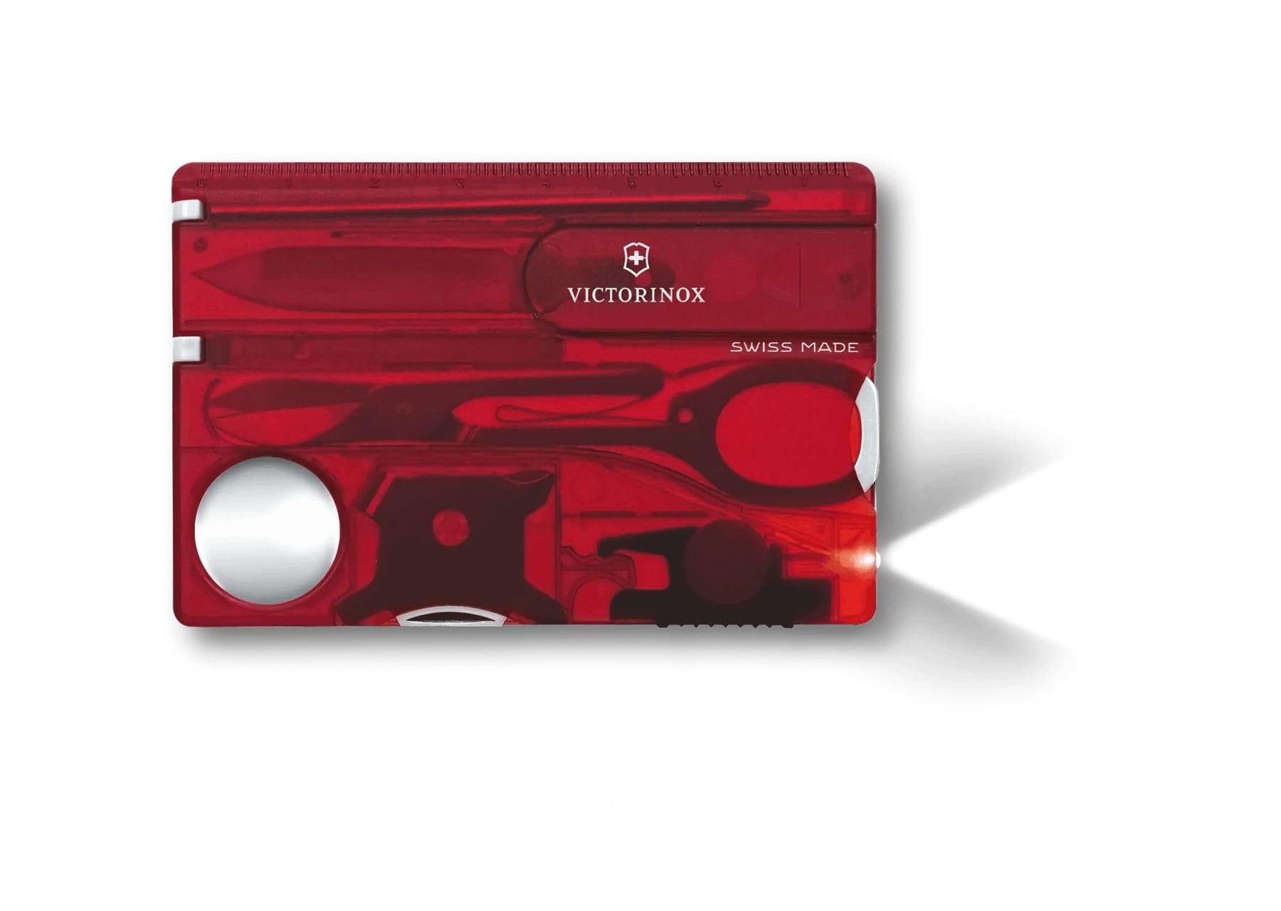 Swiss Card Lite, Swiss Made Pocket Tool, Multi Tool, Credit Card Size, 13 Functions, Emergency blade, Screwdriver 3 mm, Red Transparent