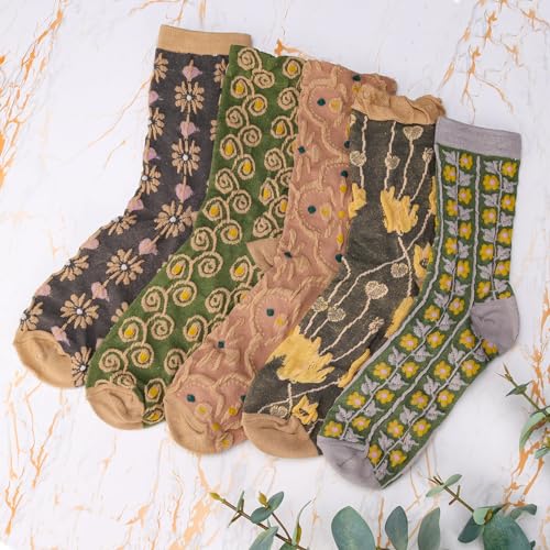 Image of 5 Pairs Vintage Patterned Crew Socks Floral Cotton Socks Warm Socks Thick Soft Socks Gifts for Women