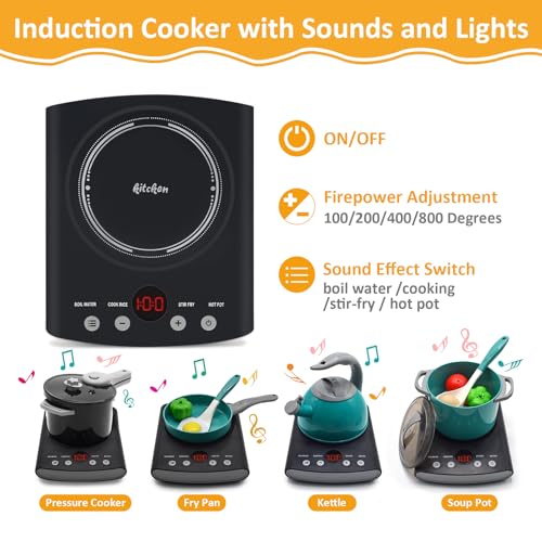 Cyiecw 54Pcs Kids Play Kitchen Toys Set, Toddler Kitchen Playset with Play Pots and Pans, Cooking Toys Electronic Induction Cooktop with Sound & Light, Pretend Food Set, for Girls Boys - Thumbnail 3