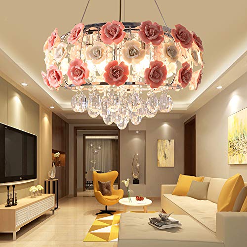 Gxfchyl HG-ZYLLJM-3007-SHA Crystal Light, Romantic Ceramic Pink Rose Flower Chandelier Dimming, Modern Round Crystal Pendant Lamp thumb #7