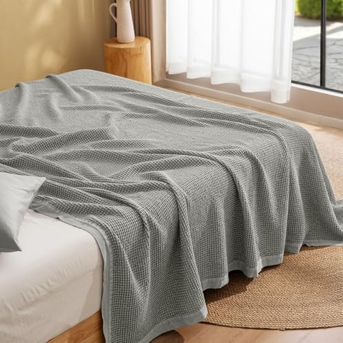 Image of PHF Stone Washed 100% Cotton Waffle Blanket, Vintage Deep Honeycomb Texture, Breathable Thermal Blanket for Bed & Home Decor, All Season Layering - Queen, Frosted Grey