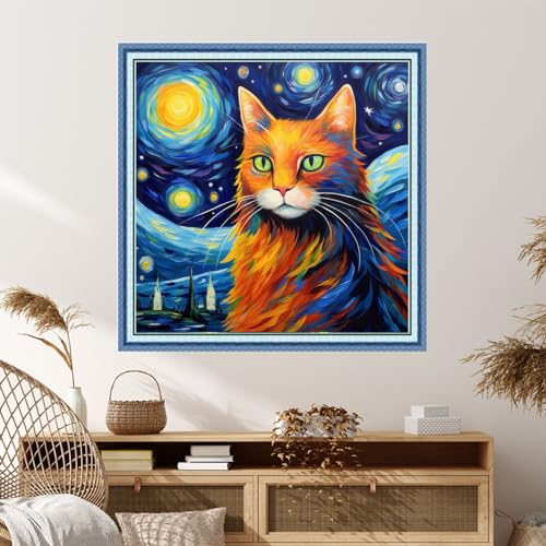 Image of Dimxvean Stamped Cross Stitch Kits,Cross Stitch Kits for Adults Beginners,Embroidery Kits Full Range of Cross Stitch Stamped Kits Needlepoint Kits Cross Stitch Patterns-Starry Cat 18x18 inch