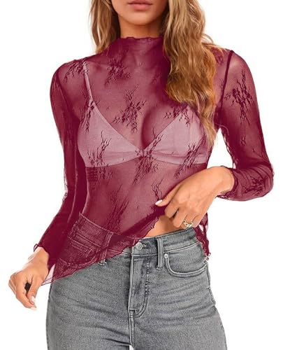 siliteelon Lace Tops for Women Mesh Long Sleeve Top Sheer Lace Shirt Floral Mock Neck Party Club Lace Undershirt Burgundy