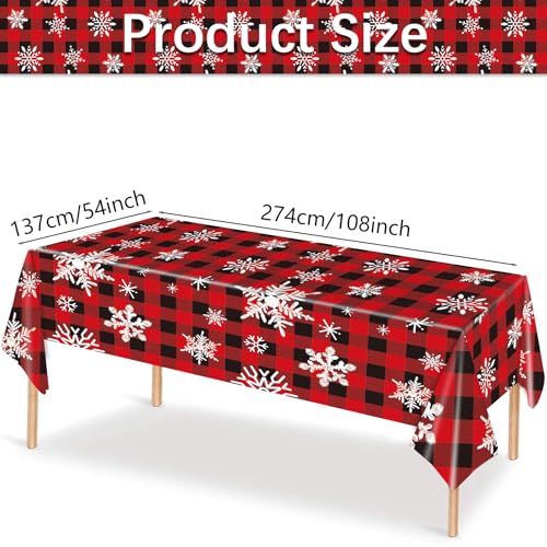 3 Pieces Snowflake Tablecloth Disposable Table Cover - 54"x108" Red and Black Check Table Cloth with Winter Snowflake for Christmas Party Supplies, Seasonal Family Gatherings, and Winter Decorations – Image 3