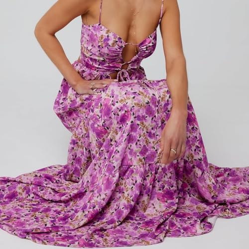 Image of Womens Summer Floral Spaghetti Strap Backless Low Cut Smocked Milkmaid Flowy Beach Sundresses