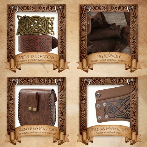 Ecoret-Pro Wikinger Gürtel Set, Mittelalter Gürteltasche Geprägte Kunstleder mit Manschette Armband & Lederbeutel, Mittelalter Ritter Zubehör, Wikinger Kostüm Accessoires Anzug für Herren, Braun