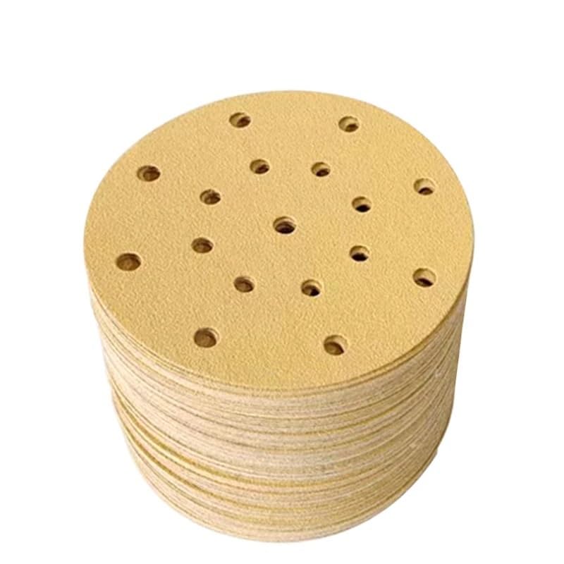 Carta vetrata dorata da 6 pollici, 17 fori, a secco, 150 mm, floccata, rotonda, for legno, stucco for auto, grana 80-500﻿(120 grit,50 pcs)