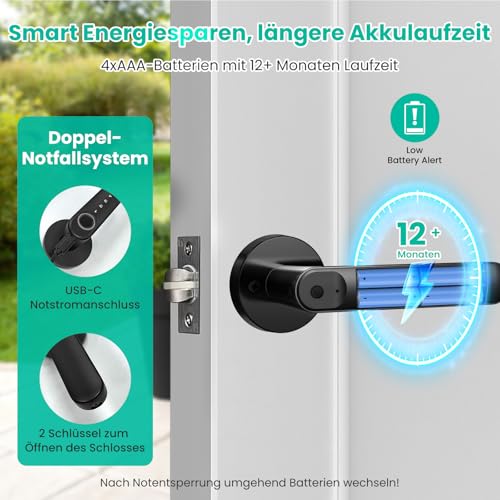 MIUCDA Smarte Türklinke mit Fingerabdruck, Zahlencode Erkennung, APP-Steuerung, IC Karte & Tastengriff, Elektrisches Türschloss, Smart Türknopf Door Lock für Innentür Einsteckschloss