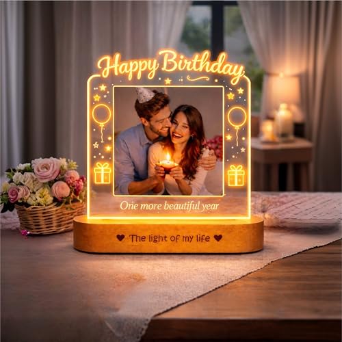 Image of ZOCI VOCI Birthday Gift for Wife - Personalized Photo Frame LED Light | Happy Birthday Acrylic Lamp with Wooden Base with Changeable Photos | Customized Gifts for Women, Her, Men, Him, Husband, Dad, Mom & Kids