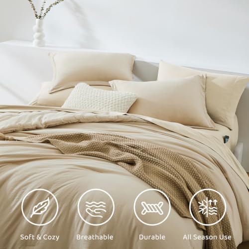 Image of King Size Comforter Set- 7 Pieces Prewashed Bed in a Bag King Bedding Sets | Soft All Season Comforter with Sheets, Pillow Shams & Pillowcases, Beige