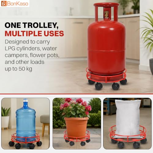 Image of Bonkaso 6-Wheel LPG Cylinder Trolley for Kitchen Gas Cylinder, Heavy-Duty Alloy Steel Stand with 360 Swivel PP Casters, 50 kg Load Capacity, Powder-Coated Red Finish for Home & Commercial Use