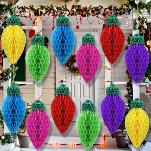 Humyoun 12 Pcs 12'' Jumbo Christmas Lights Honeycomb Hanging Decorations Large 3D Light Bulb Shaped Xmas Assorted Colors Honeycomb Ornament for Christmas Classroom Decorations