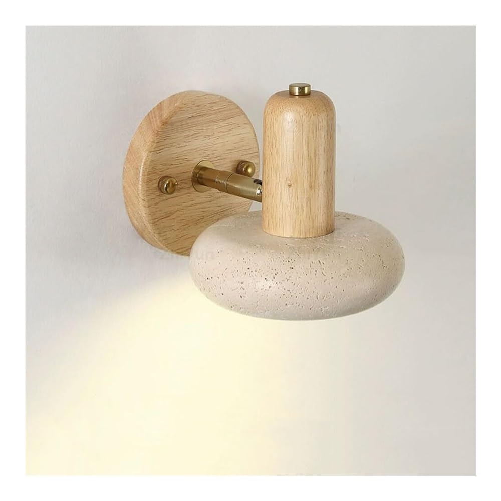 TONFON Japanese Marble Wall Lamp Wooden Wabi Sabi Wall Sconce Yellow Travertine Indoor Lighting Wall Mounted Lamp for Bedroom Bedside Living Room Study Room Corridor Entryway Restaurant(Log color)