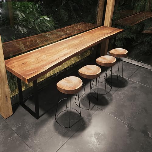 Solid Wood Bar Height Table with 4 Stools, Live Edge Dining Breakfast Narrow Bistro Table, Long Bar Table Rustic Tall Counter(98in with 4 Stools)