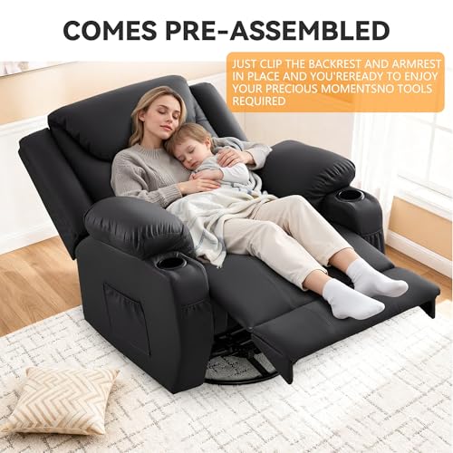 Korser Oversized Recliner Chair, 360&deg; Swivel Recliner for Adults,Swivel Rocker Recliner Chair with Heat and Massage, Manual Recliner with Remote Control and Cup Holders for Living Room, Faux Leather