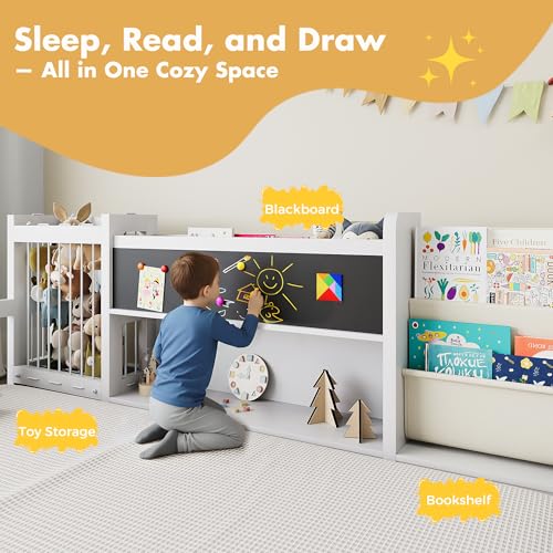 Montessori Wood Toddler Floor Bed with Blackboard & Bookshelf (White Full) - image 8