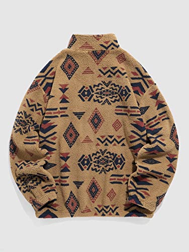 Image of ZAFUL Men 1 /4 Zipper Sweatshirt Ethnic Aztec Printed Kangaroo Pocket Fall Winter Pullovers Jacket Unisex Hoodie Tops (Khaki X-Large)