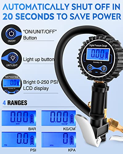 Image of Nilight - 50057A Digital Tire Inflator Deflator with Pressure Gauge 250 PSI Air Chuck and Compressor Accessories with Rubber Hose and Quick Connect Coupler for 0.1 Display Resolution