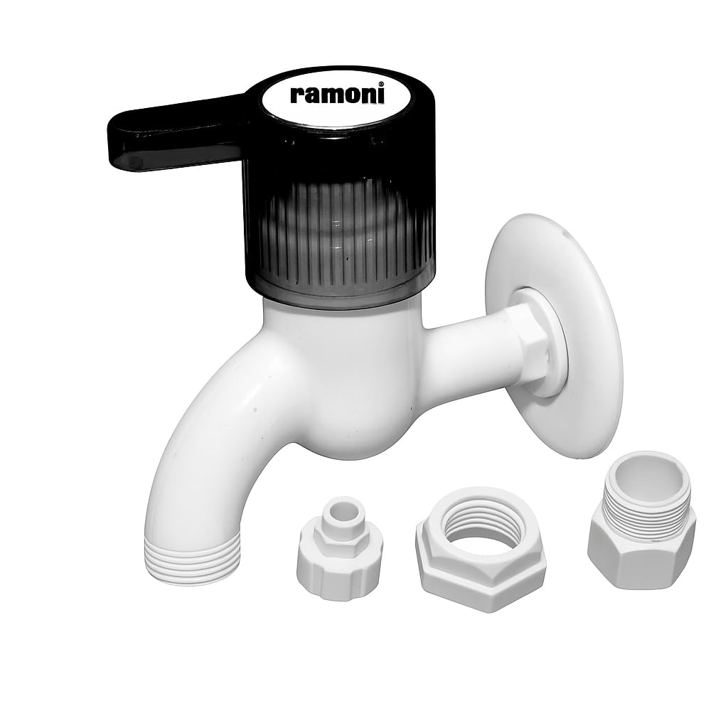 Ramoni Ultra Series PTMT Washing Machine Tap Wall Mounted Water Inlet with Flange, Knob Controlled Faucet, Secure Pipe Connection, Durable Plastic Body - (White&Black)-picture-16
