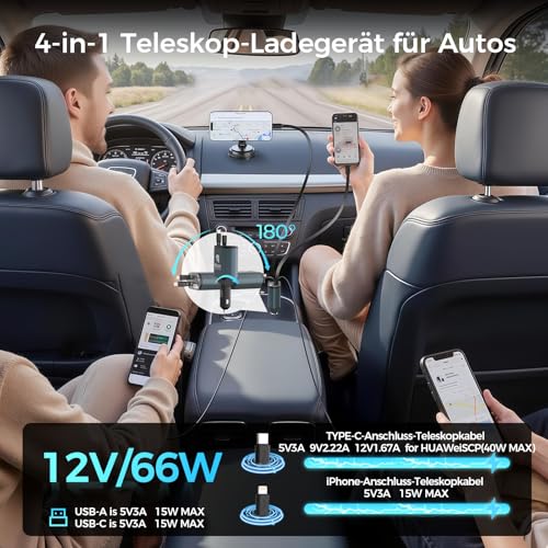 4 in 1 Zigarettenanzünder,Type-C QC 20W total 66W Auto Ladegerät Adapter, Auto Zubehör Reise Gadgets, Travel Essentials Camping Zubehör Car Accessoires für iPhone 16 Pro Max Galaxy S25 Ultra