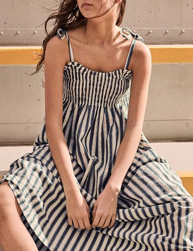 Image of Lentta Women's Striped Smocked Maxi Dress Causal Spaghetti Strap Stretchy Flowy Swing Long Dress with Pockets